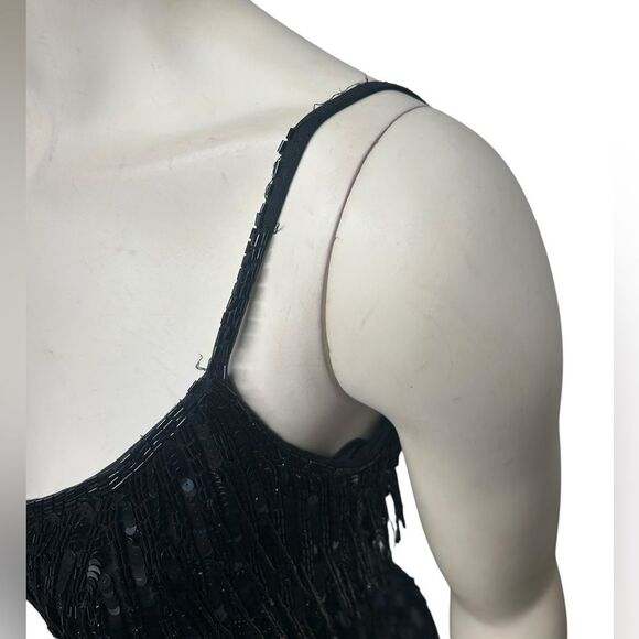 90’s Jacqueline Ferrar 100% Silk Beaded Fringe Black Dress Sleeveless Cocktail - Picture 5 of 16